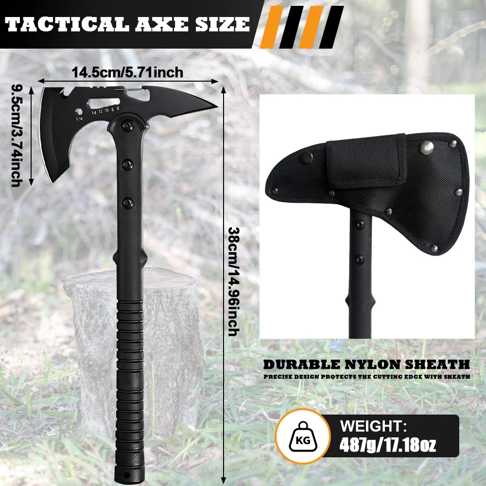 15 Inch Outdoor Tactical Axe Camping Axe with Sheath Multifunctional Tail Cone Pointed Tomahawk, Camping Survival Mountain Axe