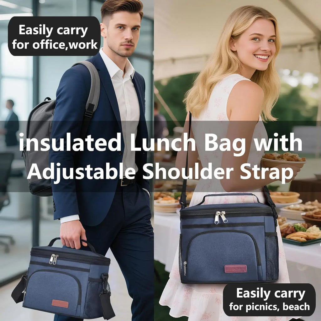 Insulated Lunch Bag for Women/Men - Reusable Lunch Box for Office Picnic Hiking Beach - Leakproof Cooler Tote Bag Organizer with Adjustable Shoulder Strap for Adults - Blue