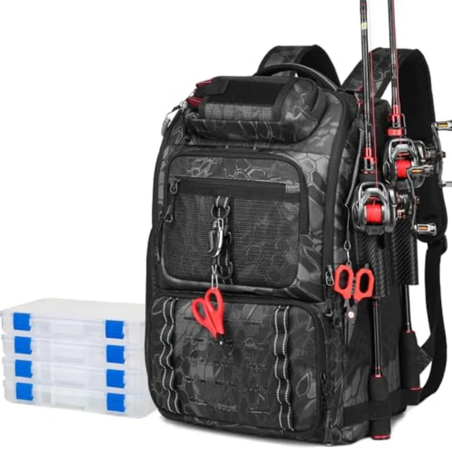 Fishing Tackle Backpack, Tackle Bags with 2 Rod Holders, Water-Resistant Tackle Bag Storage Bag for Fishing Gear Black