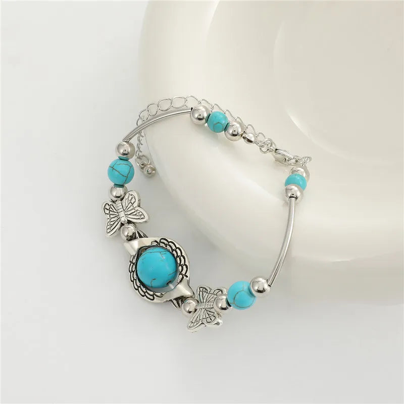 Vintage Silver Turquoise Bead Bracelet for Women Butterfly Charm Round Stone Wrist Chain Bohemian Fashion Jewelry Gift