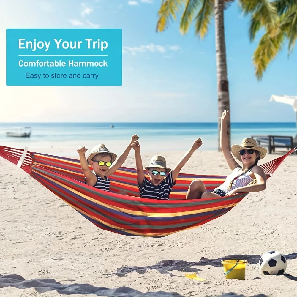 Colorful Fabric Striped Hammock for Rest, Portable Camping Hammock with Anti-Rollover Design, Comes with Binding Straps and Storage Bag, Equipped with Handbag and Ropes, Anti-Rolling and Ideal for Comfortable Sleep