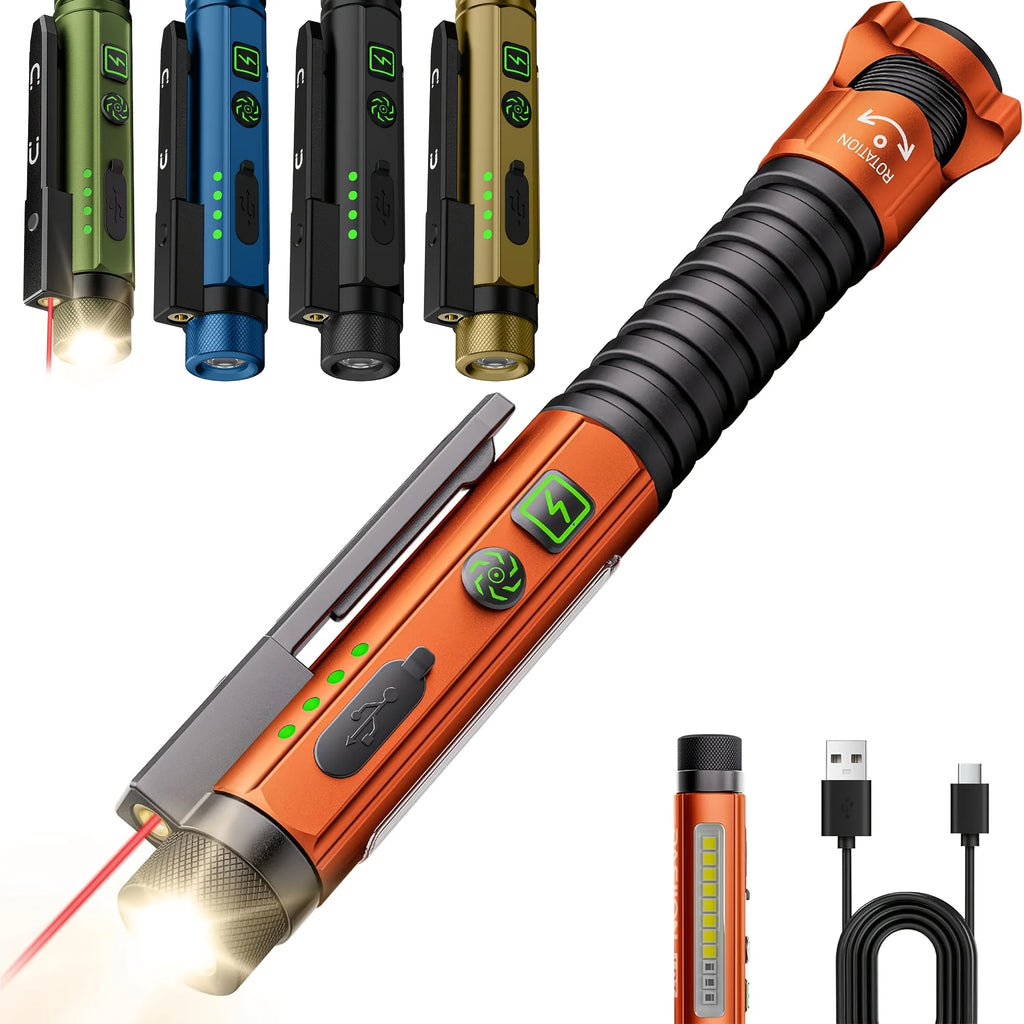Rechargeable LED Flashlight with Red Laser & Built-in Power Bank, 10 Modes Tactical Flashlight, USB-C Charging, Rechargeable Pen Light with UV Light & Pocket Clip, Ideal for Camping, Hiking, Emergency Use & Daily Carry