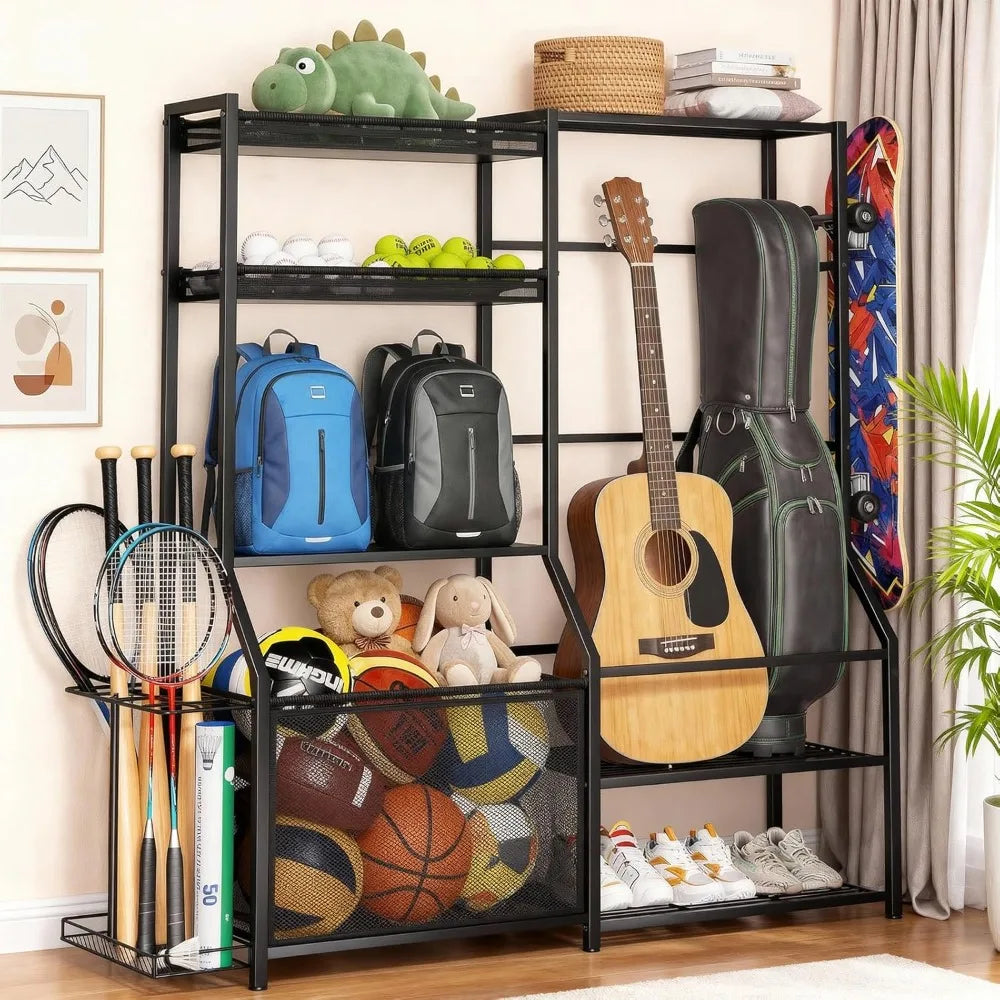 Large Sports Organizer for Garage, Ball Storage Rack with Side Racks, Baskets, Hooks, Multi-Purpose Golf Gear Storage for Gym Indoor Outdoor