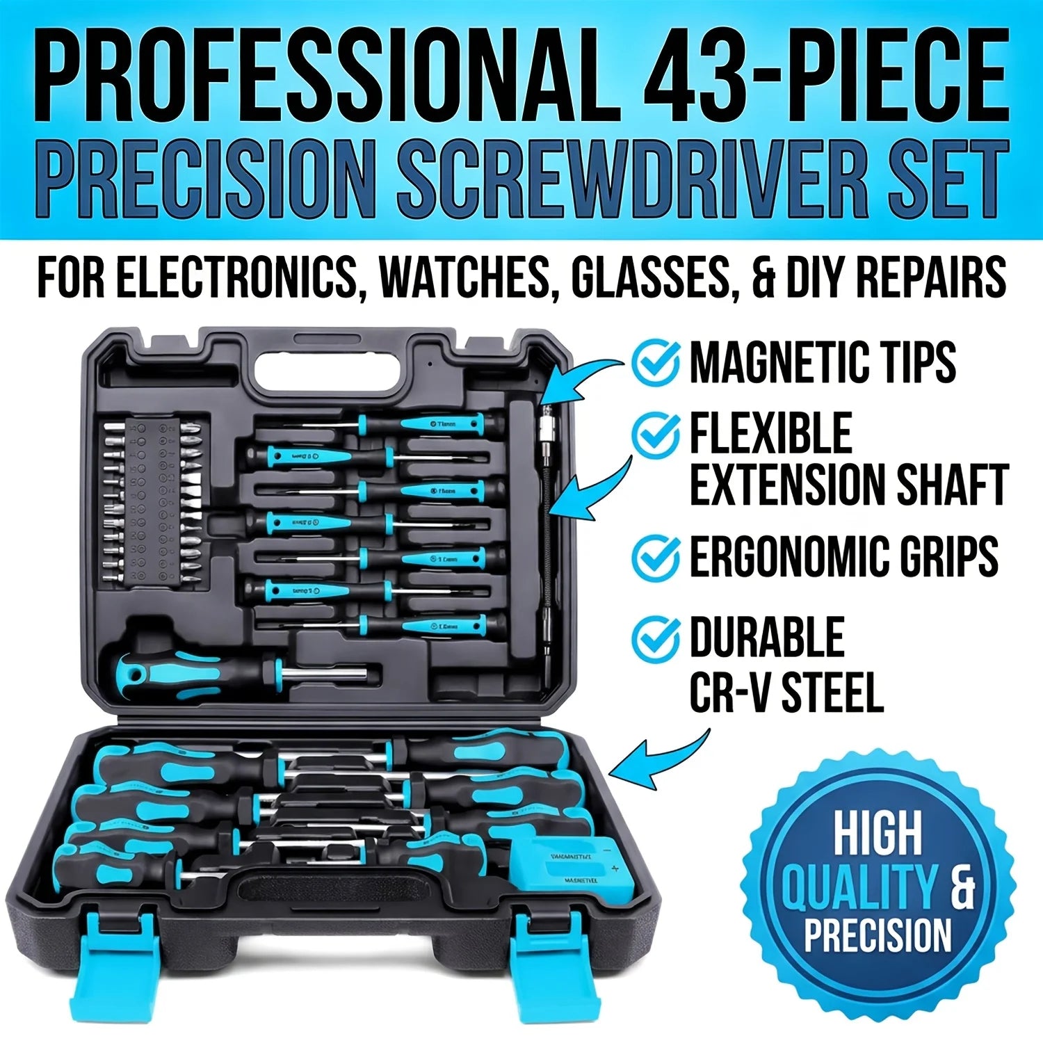 43-piece Magnetic Screwdriver Set, featuring magnetized and demagnetizing tools — including interchangeable screwdriver bits, ergonomic handles, and a magnetic base — designed for manual tools used in automotive and elect