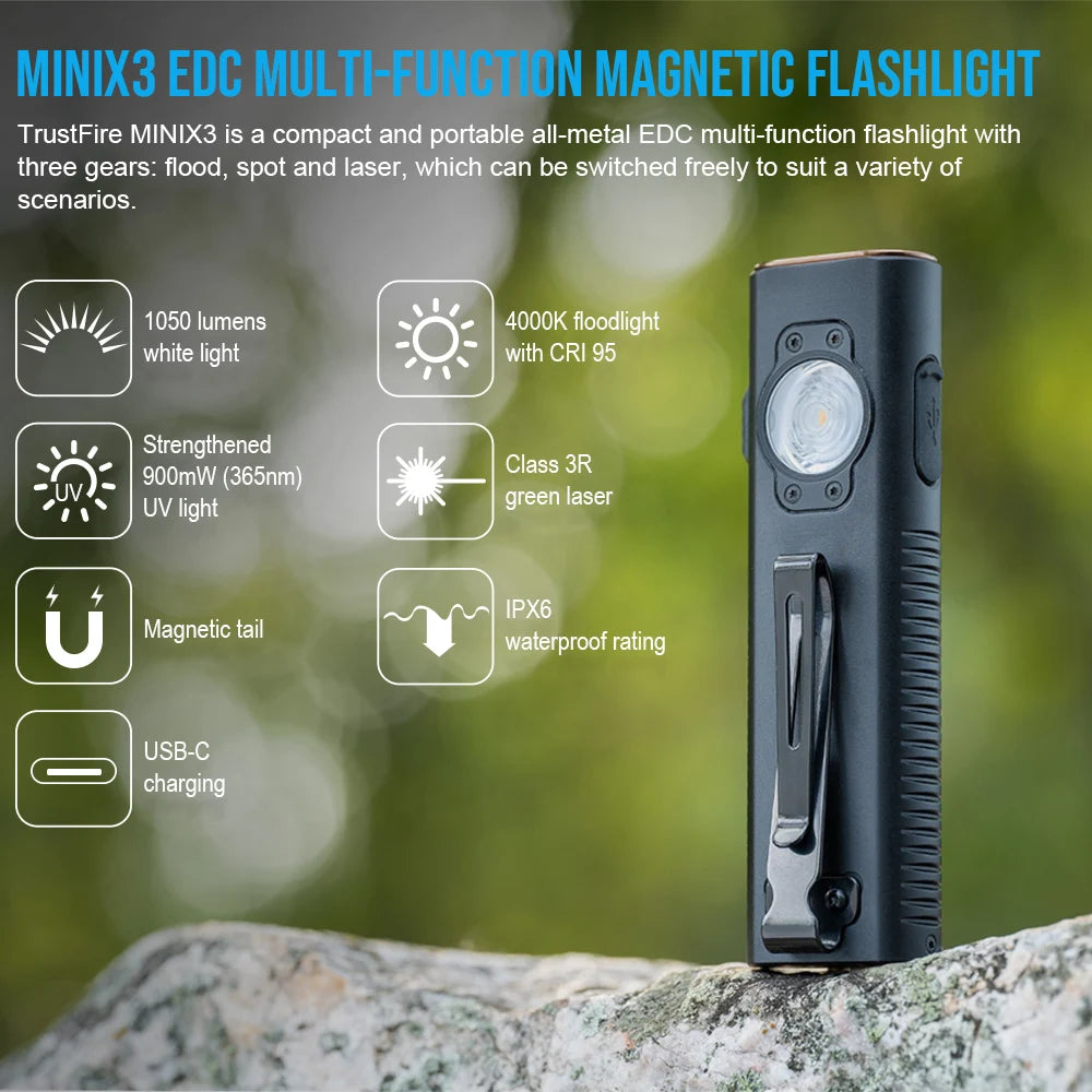 TrustFire MINIX3 Flat EDC Flashlight with White Light, Flood Light, UV and Green Light, 1050 Lumens Portable Rechargeable Flashlights, 4-in-1 Lighting Modes Pocket Lights for Camping, Emergency