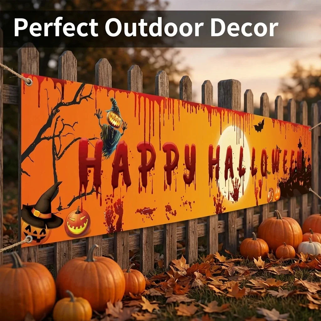 Halloween Banner Backdrop Large Happy Halloween Sign for Outdoor Yard Decorations Spooky Bloody Photography Background for Party Supplies Haunted House Garden Wall Decor Photo Booth Prop