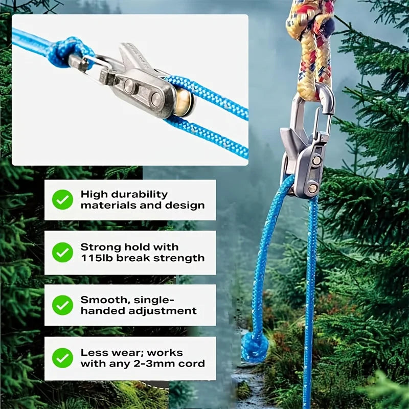 Heavy-Duty Metal Paracord Adjusters & Tensioner Tool with Roller Tensioner Rope - Adjustable Tie Down System Suitable for Camping