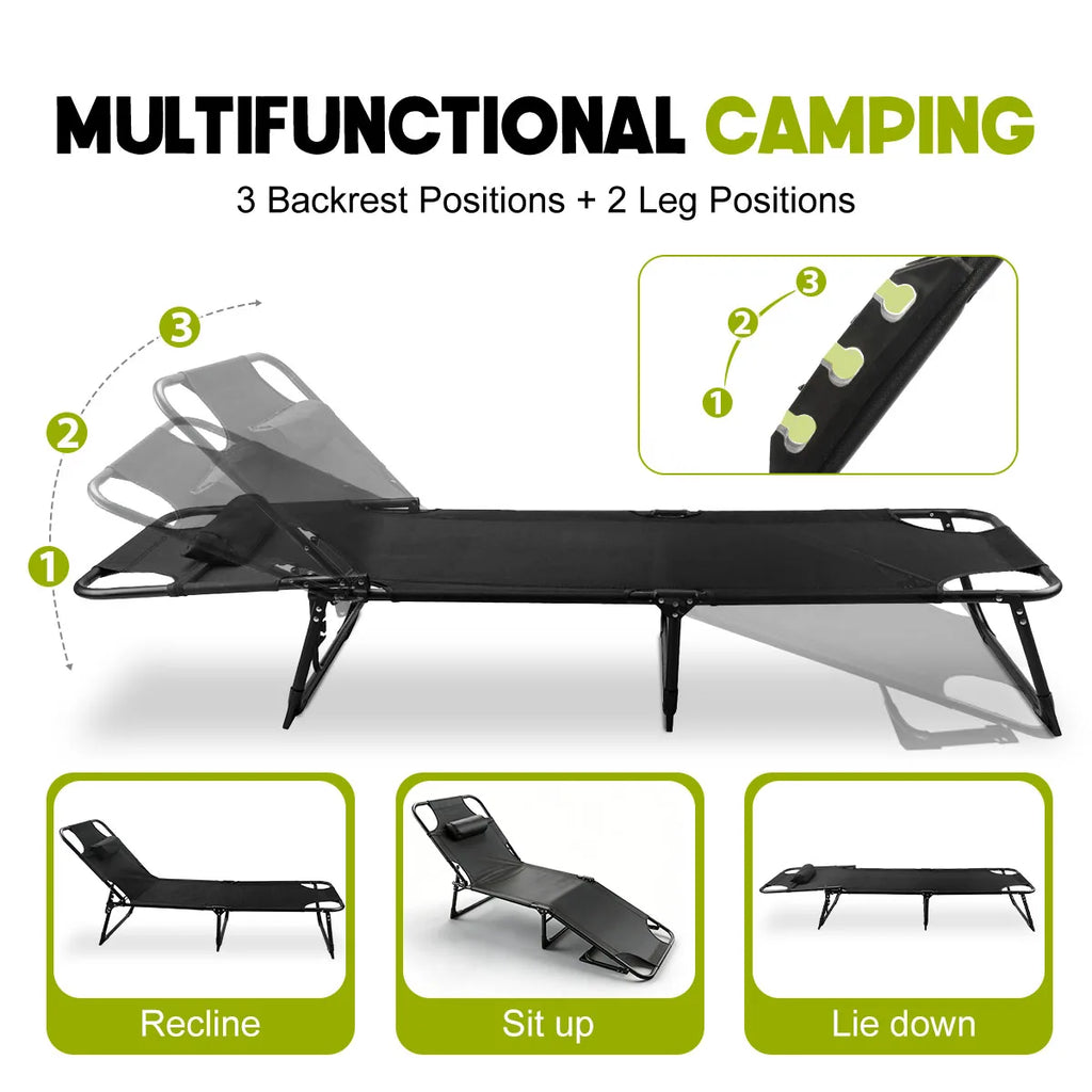 70''L*22''W Folding Camping Lounge Chair Portable Tanning Recliner Chair with Adjustable Backrest and Headrest Pillow Outdoor Sun Lounger for Beach Pool Patio Office Nap