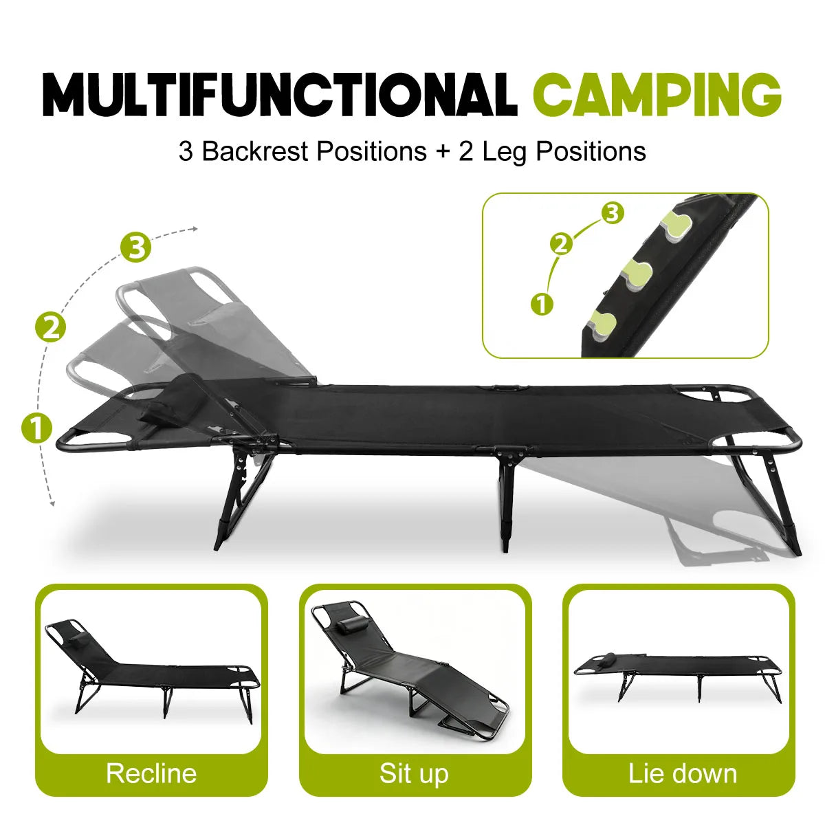 70''L*22''W Folding Camping Lounge Chair Portable Tanning Recliner Chair with Adjustable Backrest and Headrest Pillow Outdoor Sun Lounger for Beach Pool Patio Office Nap
