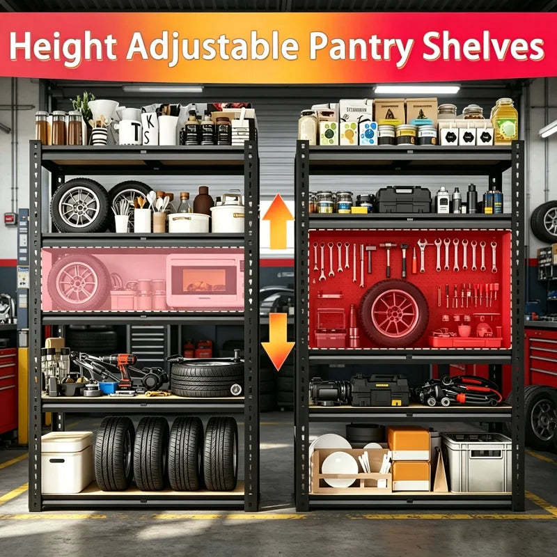 60/72 Inch two-piece Heavy Duty Storage Shelves, 2000LBS Capacity Metal Shelving Unit, Adjustable Garage Shelves & Organizer with Overlap Design for Home Garage Warehouse Storage Shop,Black