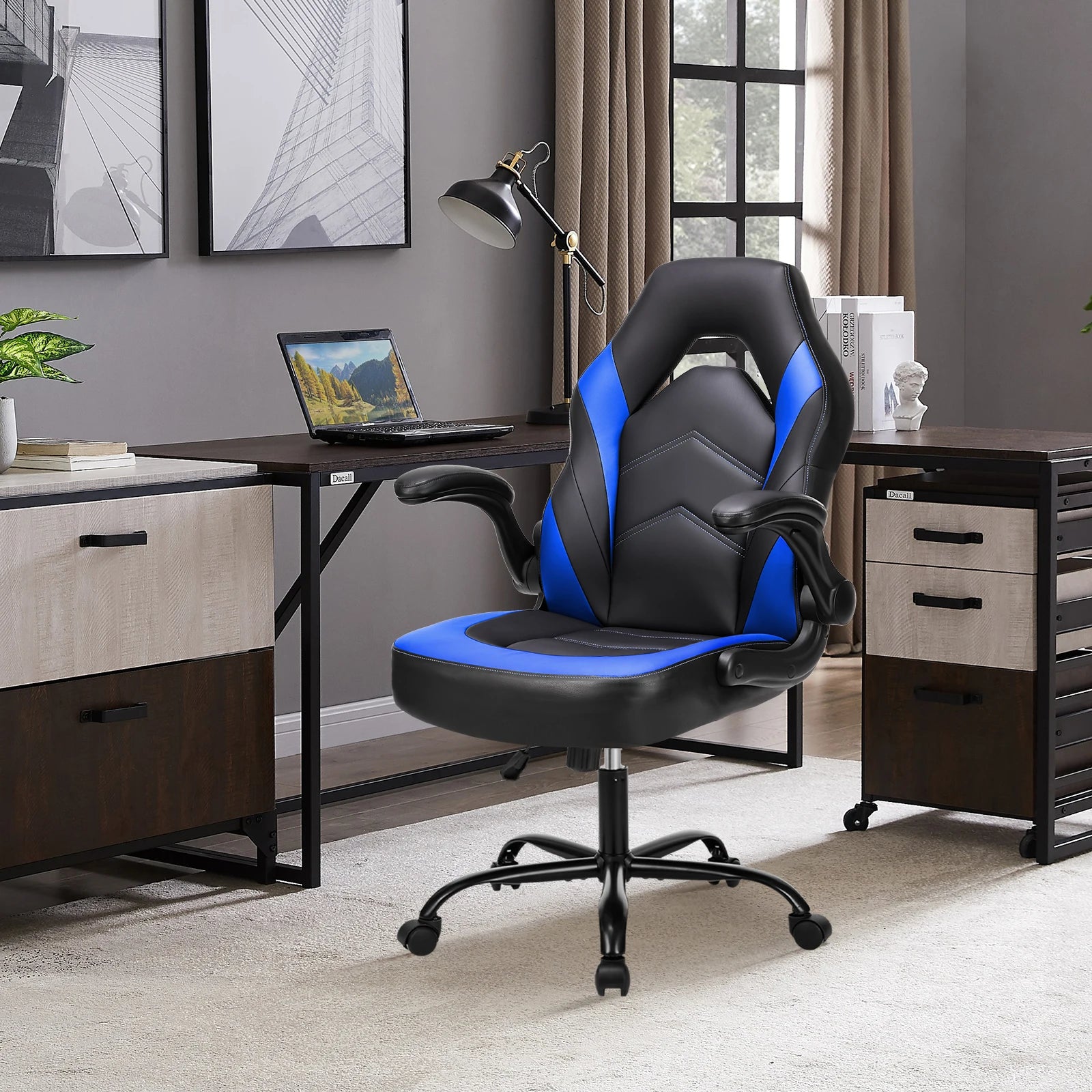 Gaming Chair Ergonomic Office Chair with Swivel Rolling Adjustable PU Leather Racing Chair Flip-up Armrest