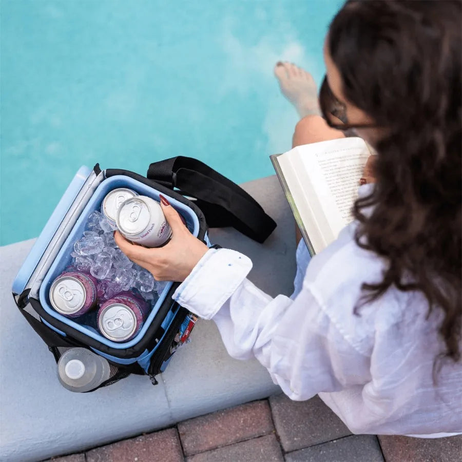 Zipperless soft cooler for outdoor use, 6-quart capacity, rainwash blue color, lightweight and leakproof design