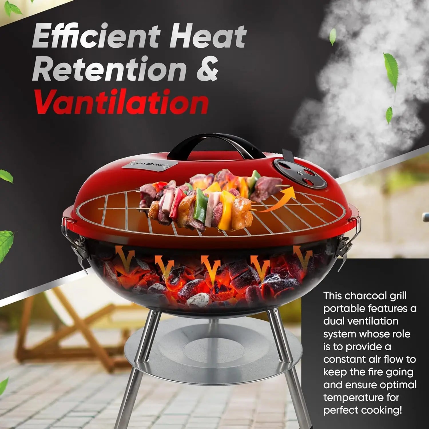 14-inch Portable Charcoal Grill, 3-Point Locking Lid for Heat Retention, Dual Venting for Outdoor Barbecue