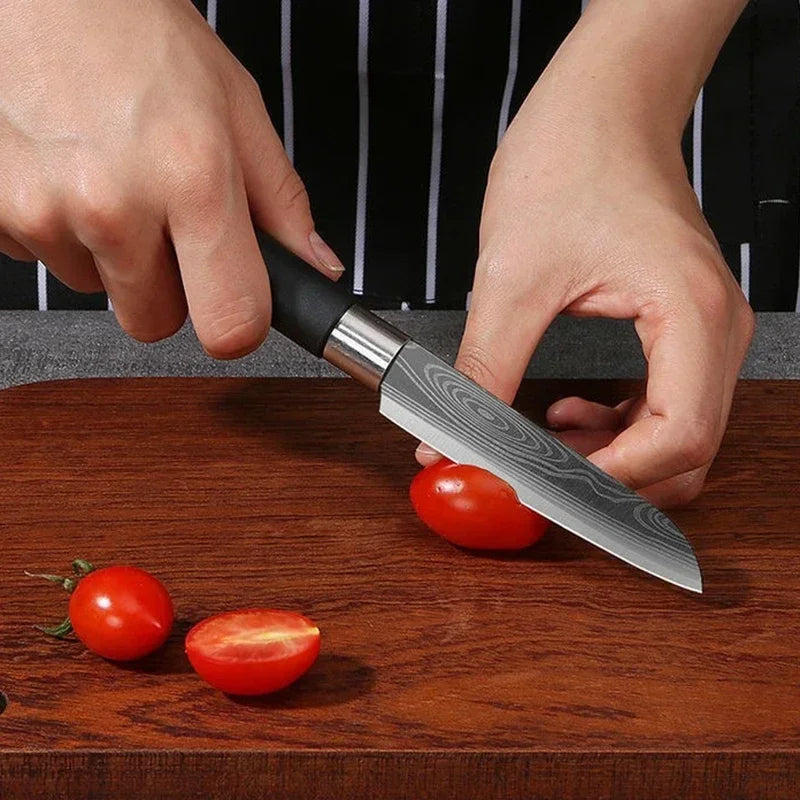 Laser Damascus Pattern Utility Kitchen Knives Scissors Sharpening Rod Set