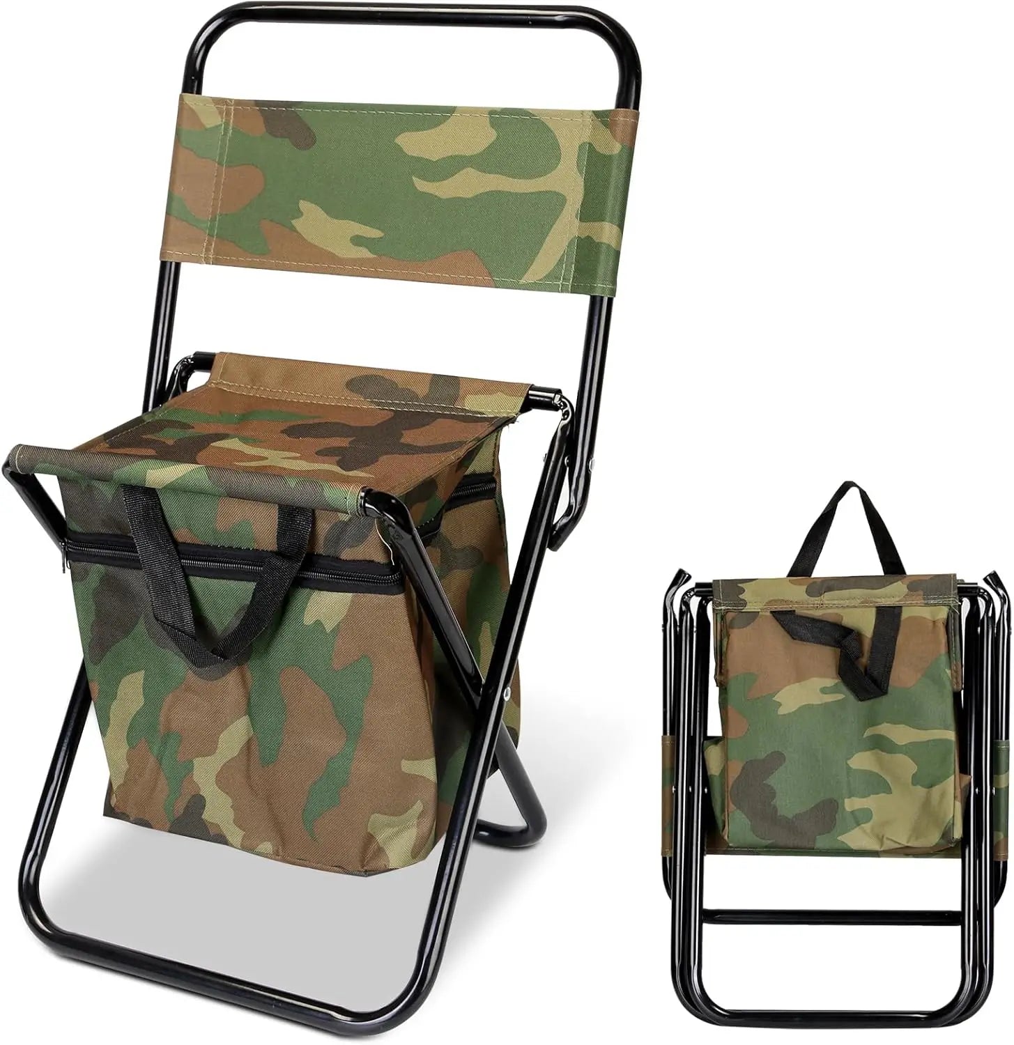 Portable Foldable Fishing Chair with Cooler Bag, Lightweight Folding Camping Chair, Outdoor Backrest Stool for Camping Hunting Fishing Hiking（Camouflage）