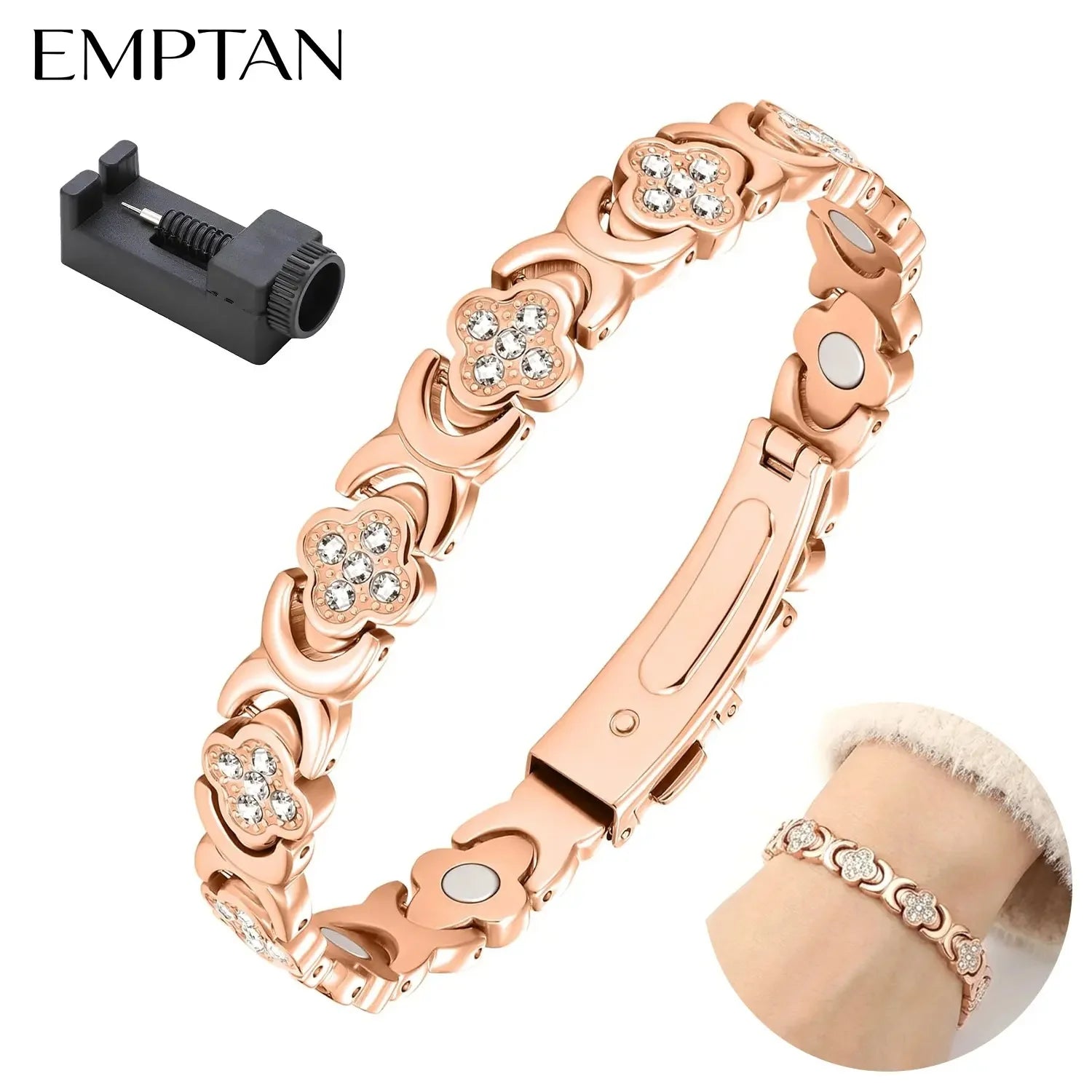Pure Copper Bracelets for Women, Ultra Strength Magnetic Therapy Bracelet for Pain Relief with Neodymium Magnets & Sparkling Cubic Zirconia, Adjustable, Infinite Clover Jewelry