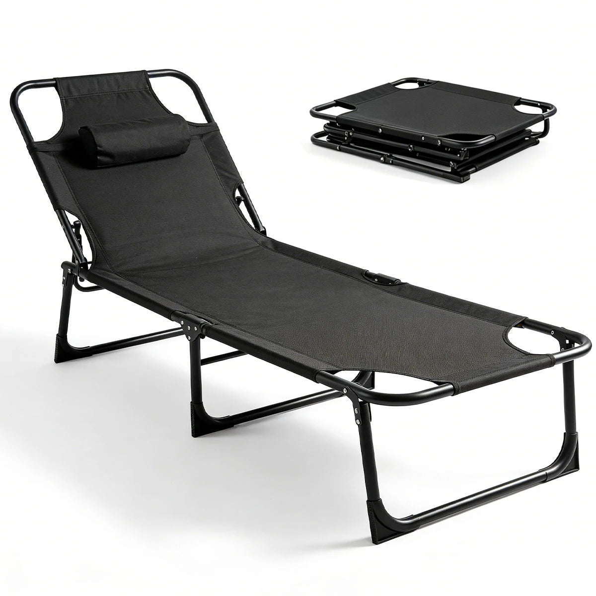 70''L*22''W Folding Camping Lounge Chair Portable Tanning Recliner Chair with Adjustable Backrest and Headrest Pillow Outdoor Sun Lounger for Beach Pool Patio Office Nap