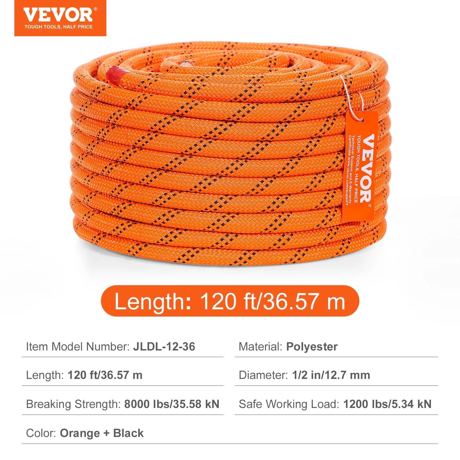 120 ft Dual-Weave Polyester Cord 3/8 1/2in 48-Strand Multi-Use Rope for Arborist Activities Outdoor Adventures Versatile