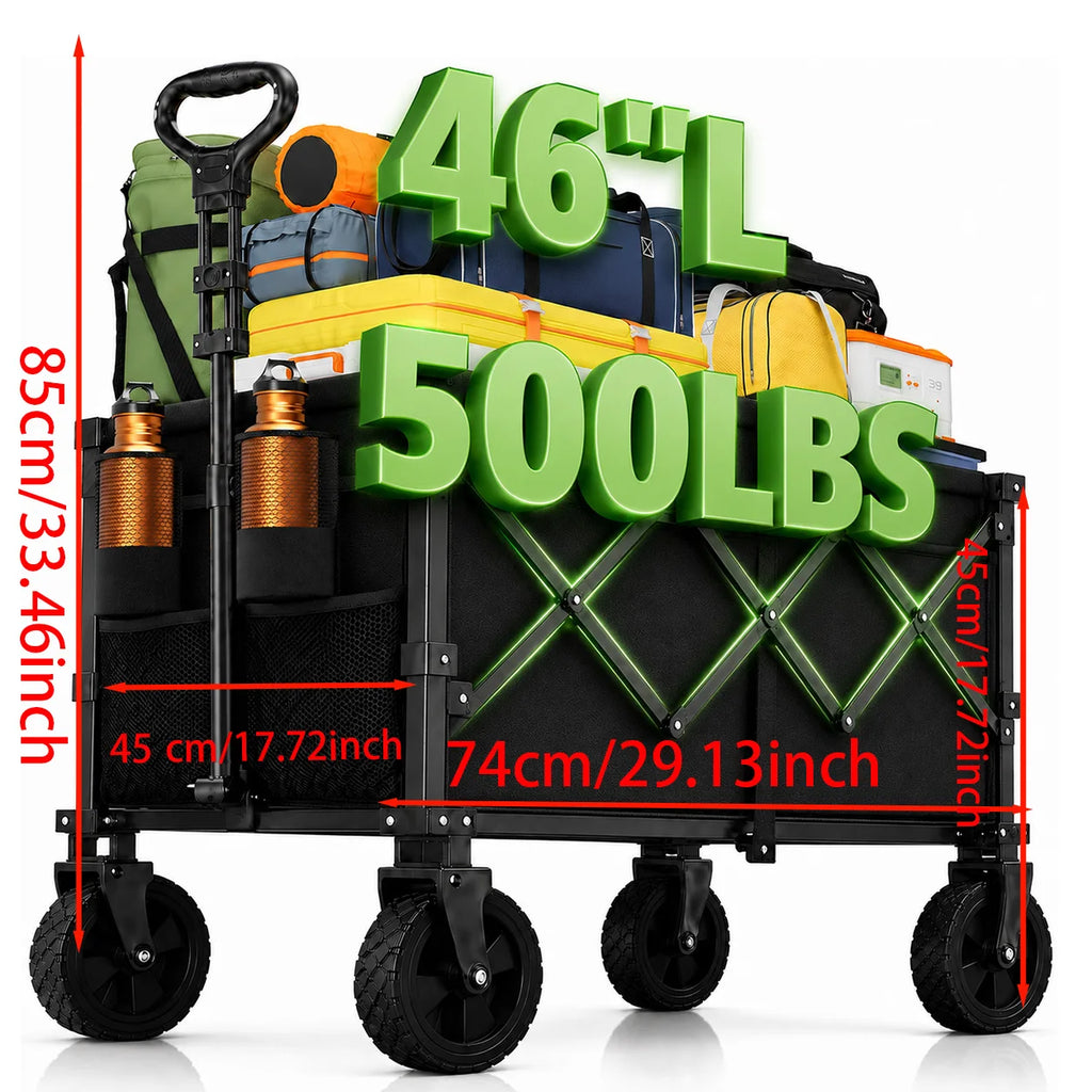 Heavy Duty Collapsible Camping Wagon, Large Capacity Foldable Utility Cart with Side Storage Pockets & All-Terrain Wheels for Outdoor Travel, Grocery Shopping & Yard Work
