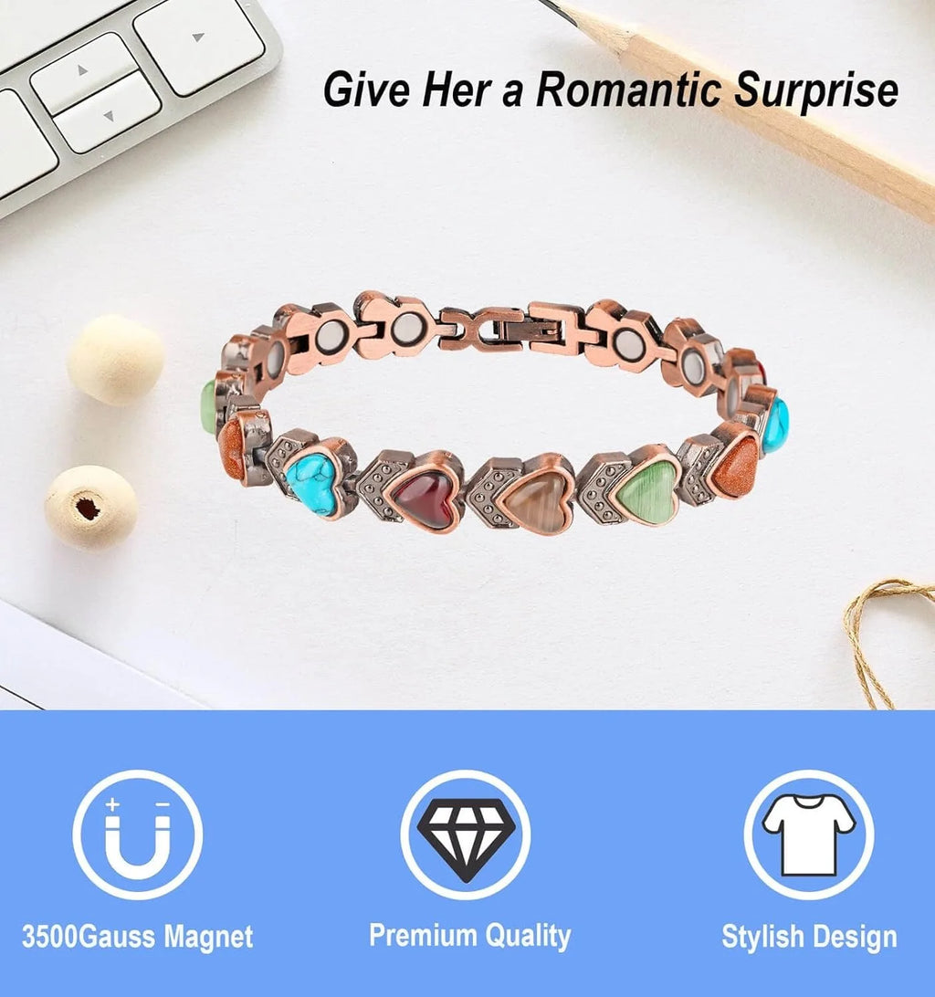 Pure Copper Bracelets, Ultra Strength Magnetic Bracelet with 3800 Gauss Magnets & Natural Turquoise & Stones, Adjustable, Jewelry Gift