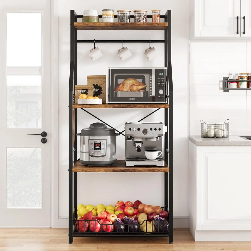 4-Tier Kitchen Bakers Rack & Microwave Oven Stand with Large Wire Basket, Industrial Coffee Bar Station with Hooks, Kitchen
