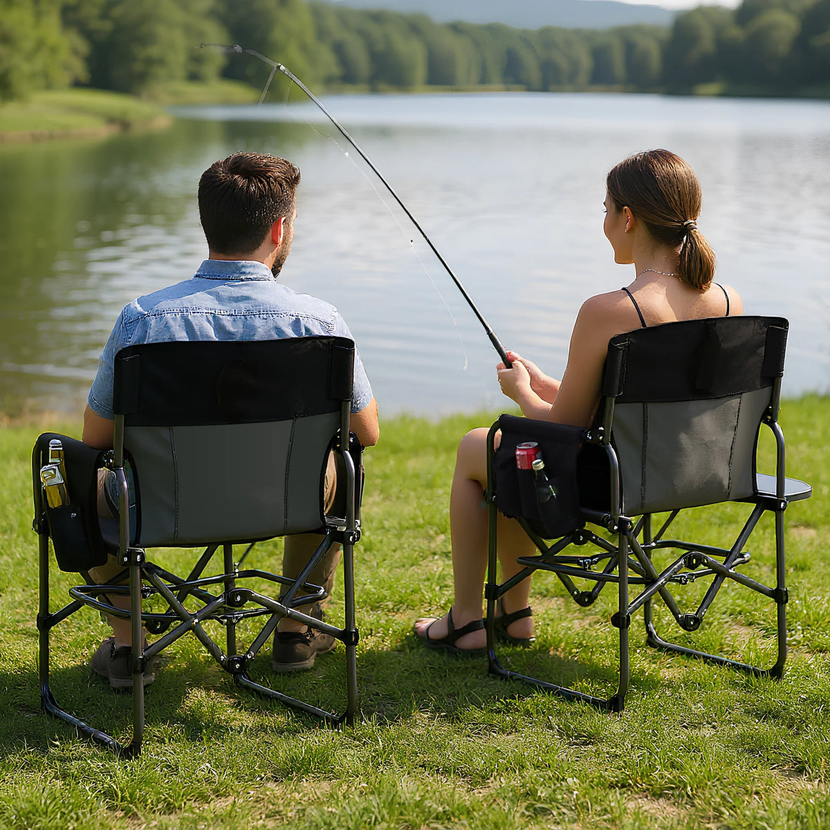 Heavy Duty Folding Camping Chair with Side Pocket, 400 lbs Capacity Portable Outdoor Director's Chair with Side Table & Cup Holder, Foldable Lawn Chair for Adults, Fishing, Picnic, Beach, Lawn