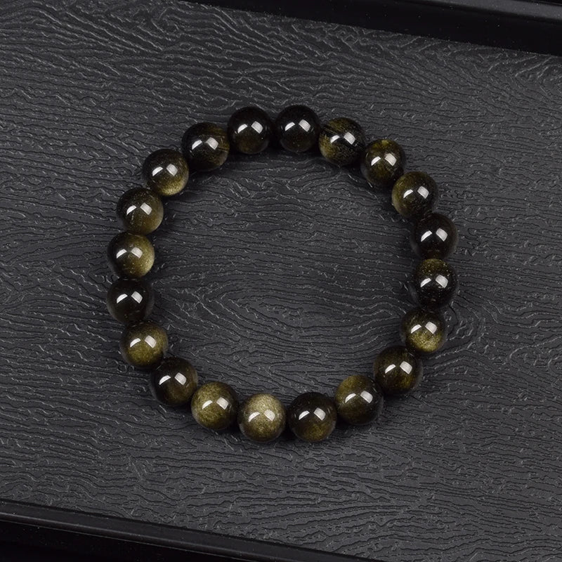 Golden Obsidian Stone Beads Bracelet Men Women Golden Light Rainbow Obsidian Raw Stone Round Bead Natural Energy Jewelry