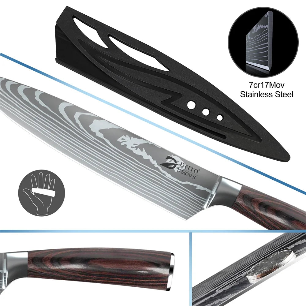 8PCS Damascus Stainless Steel Kitchen Knife Set Super Sharp Japanese Style Chef Santoku Cleaver Slicing Boning Utility Paring Knives Complete Cooking Cutlery Kit with Portable Protective Nylon Carry Bag for Home Kitchen Chef