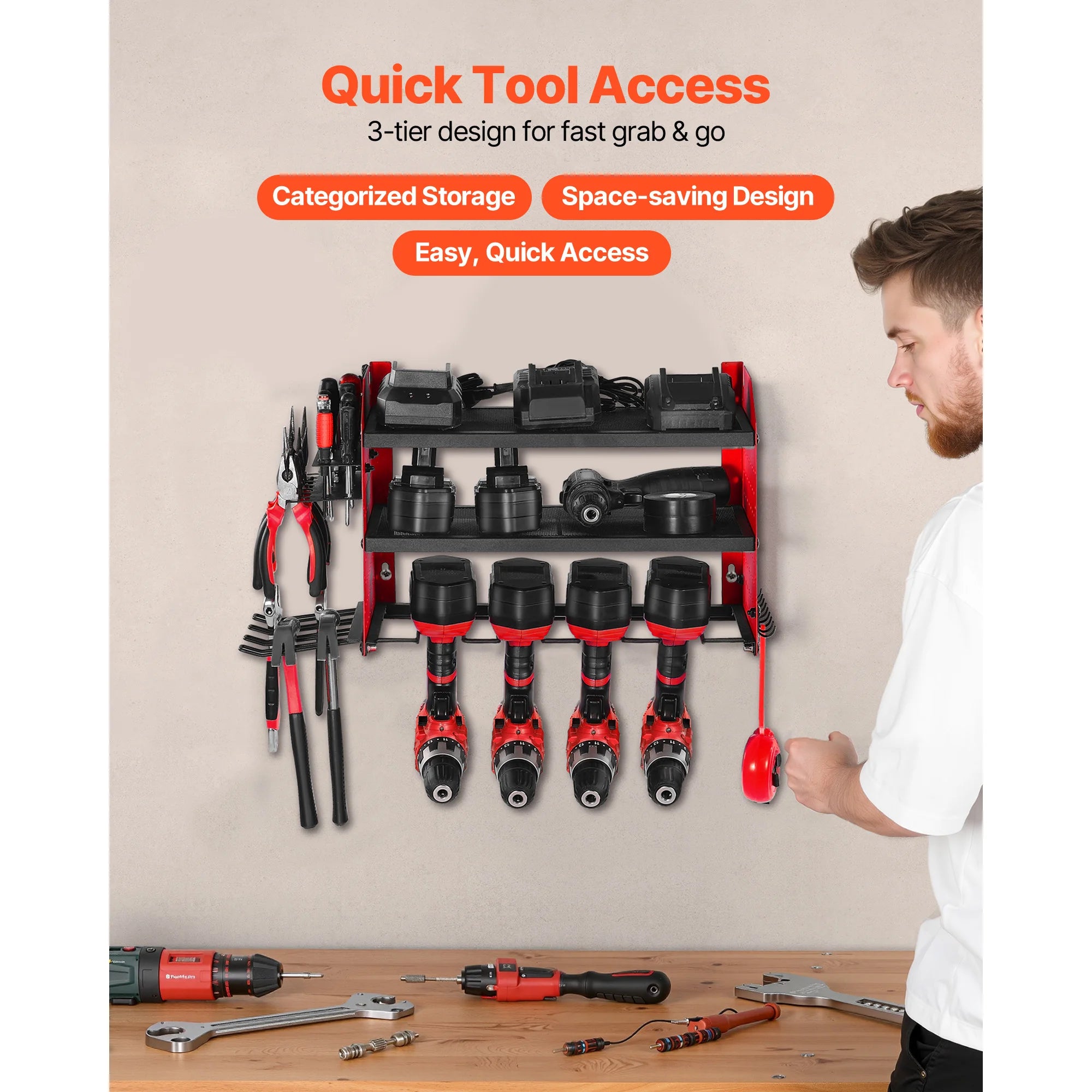 SucceBuy 3-Layer Power Tool Wall Mount Holder Pegboard Wall Storage Tool Set Drill Screwdriver Storage Rack for Workshop/Garage