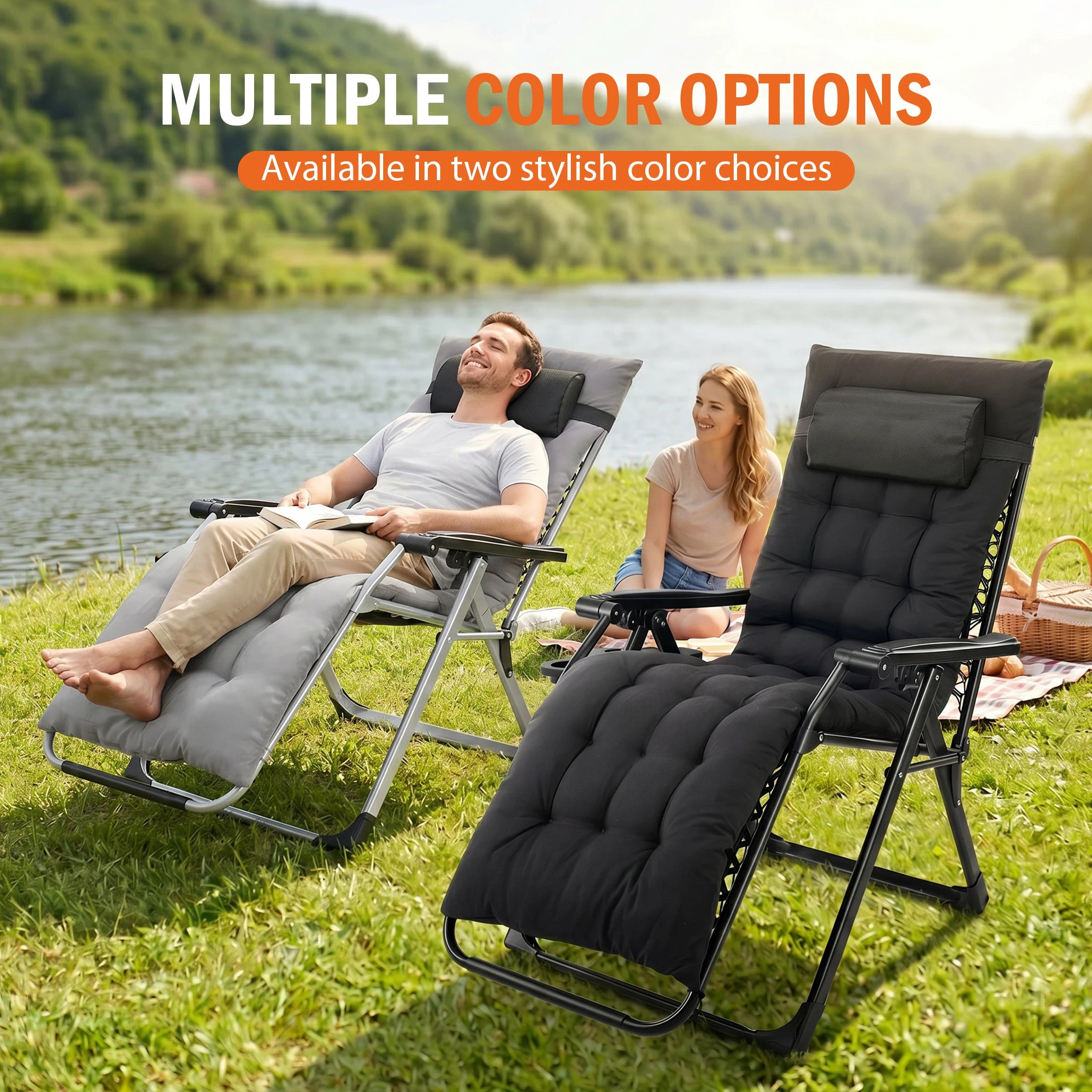 Zero Gravity Reclining Camping Lounge Chair for Outdoor Soft Cushion Patio Chairs with Cup Holder Trays and Removable Cushion Folding Recliner for Indoor
