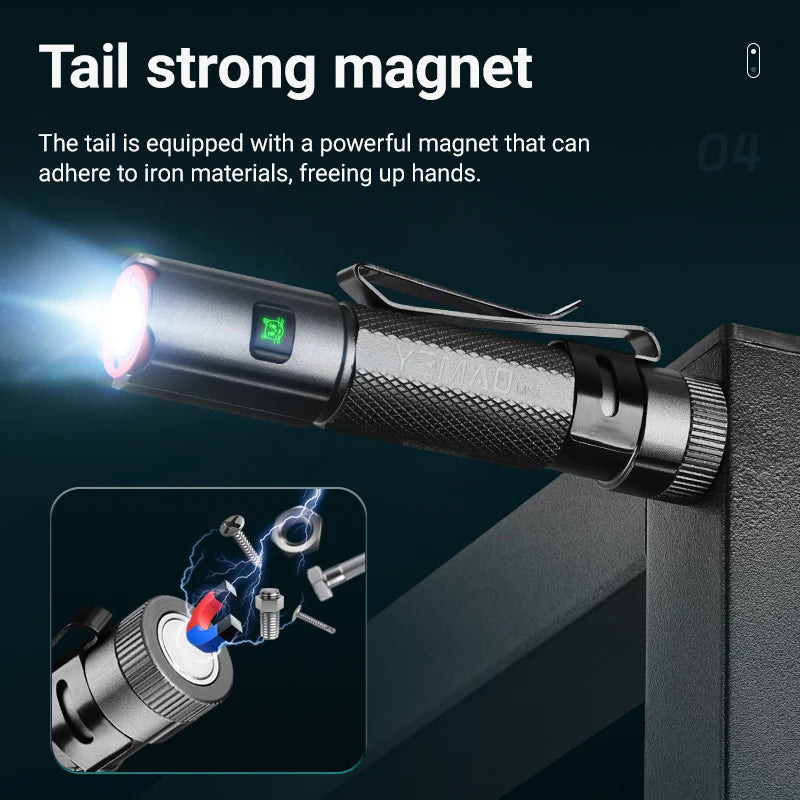 High‑Power LED Mini Flashlight 6 Lighting Modes, Magnetic Base & Metal Pen Clip, Type‑C Rechargeable Pocket Torch, Light‑Weight Portable EDC Lamp for Outdoor Camping Daily Emergency Travel