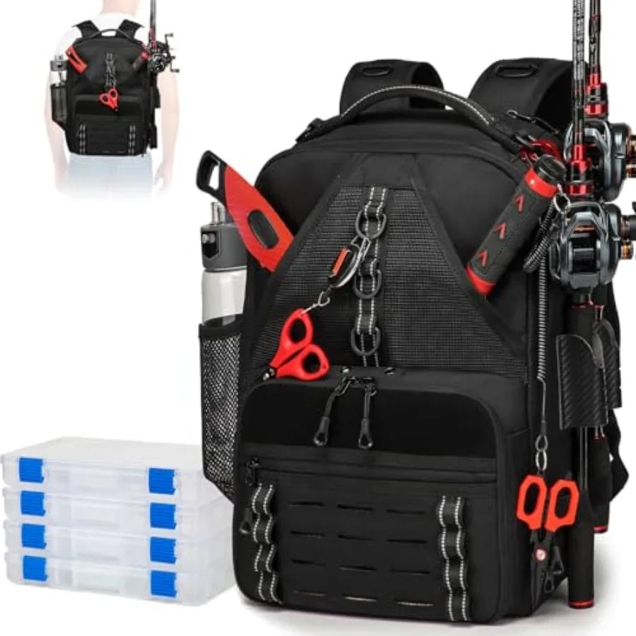 Fishing Tackle Backpack, Tackle Bags with 2 Rod Holders, Water-Resistant Tackle Bag Storage Bag for Fishing Gear Black