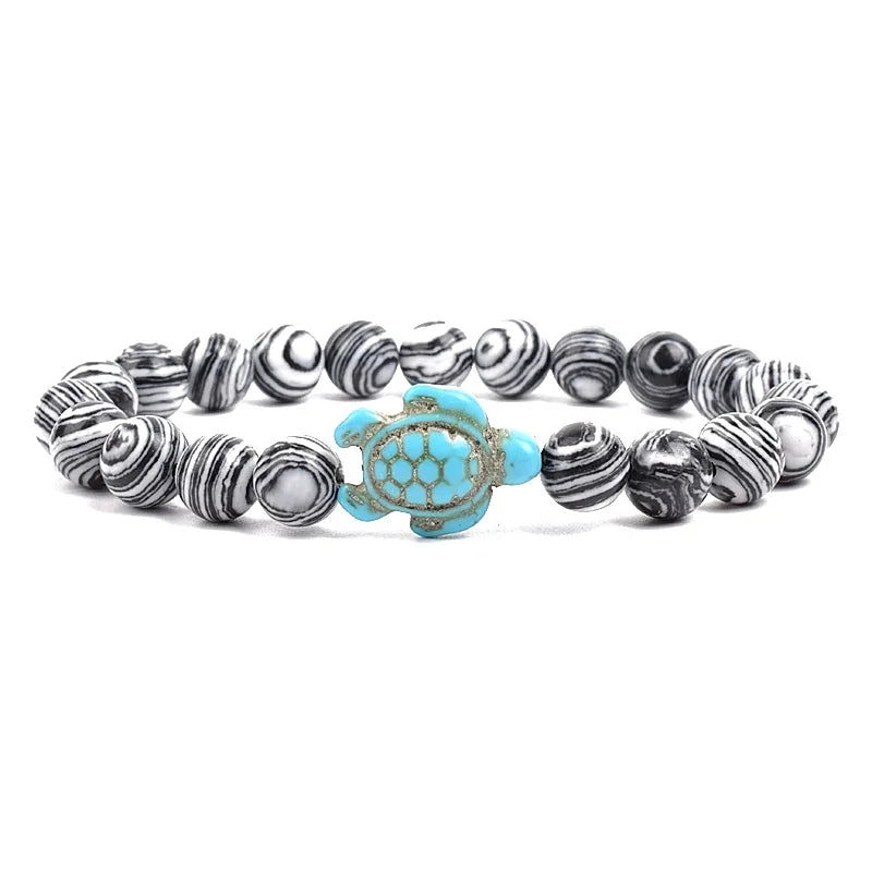 Women Men Unisex 8mm Turquoise Natural Stone Stretch Bracelet Sea Turtle Charm Beaded Friendship Summer Beach Wrist Jewelry