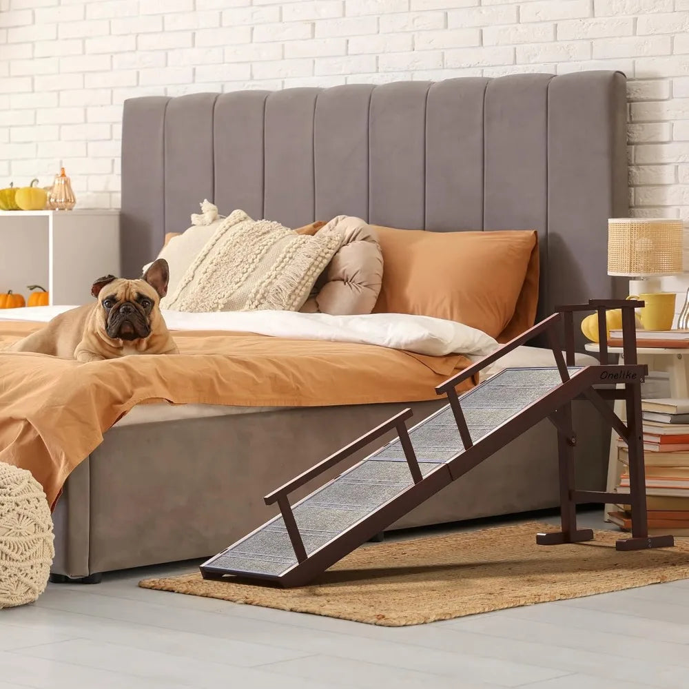 Wooden Dog Ramp for Bed with Removable Side Rail and Non-Slip Carpet, Stable Pet Ramp Stair for Couch Sofa for Small & Large