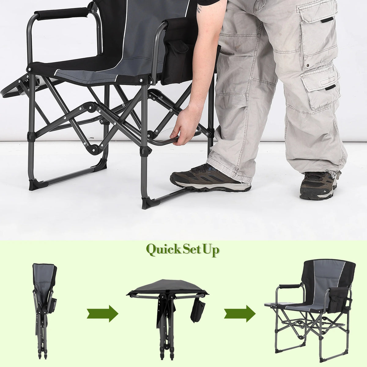 Heavy Duty Folding Camping Chair with Side Pocket, 400 lbs Capacity Portable Outdoor Director's Chair with Side Table & Cup Holder, Foldable Lawn Chair for Adults, Fishing, Picnic, Beach, Lawn