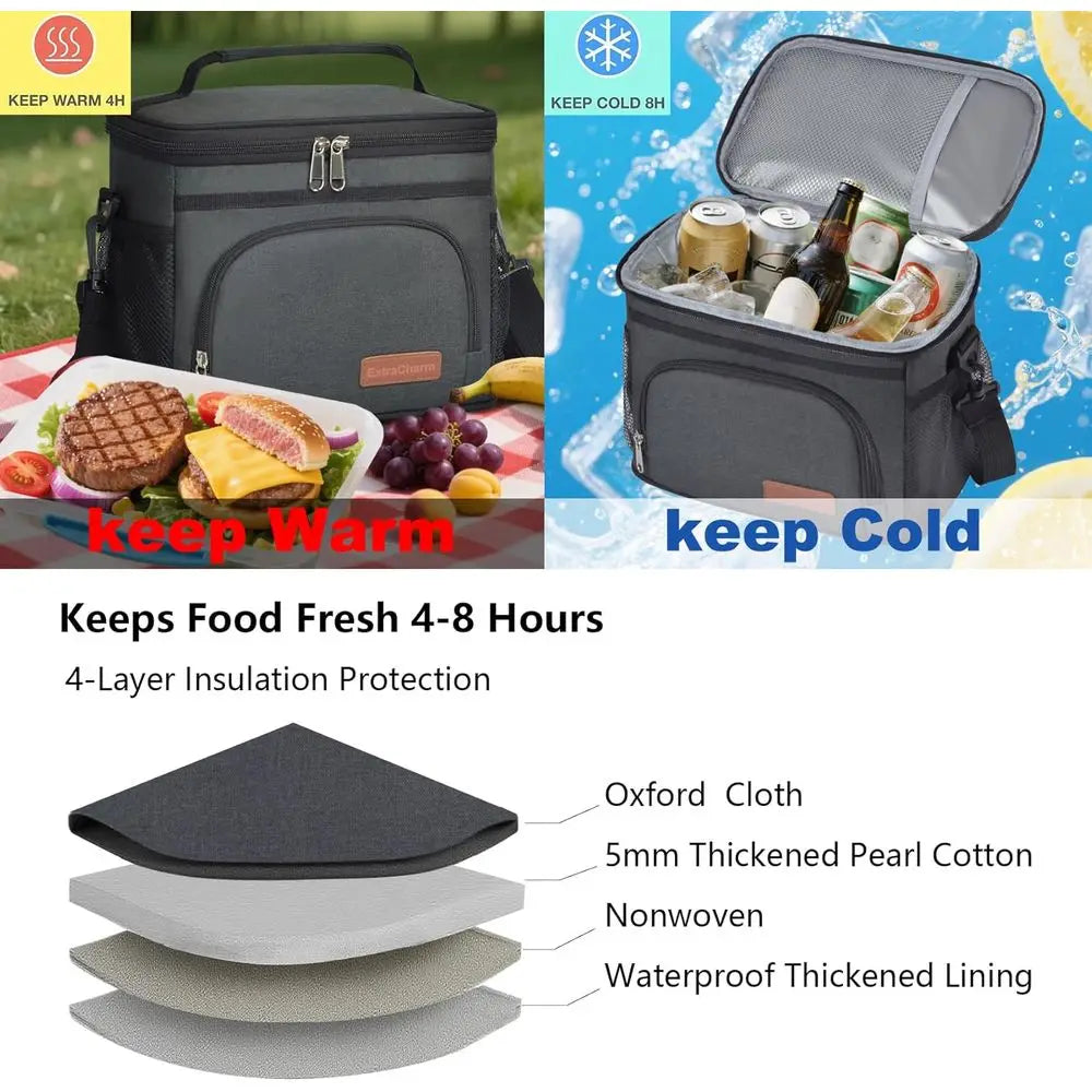 Insulated Lunch Bag - Reusable Cooler Tote for Men & Women, Ideal for Picnics, Hiking, Beach, with Adjustable Strap