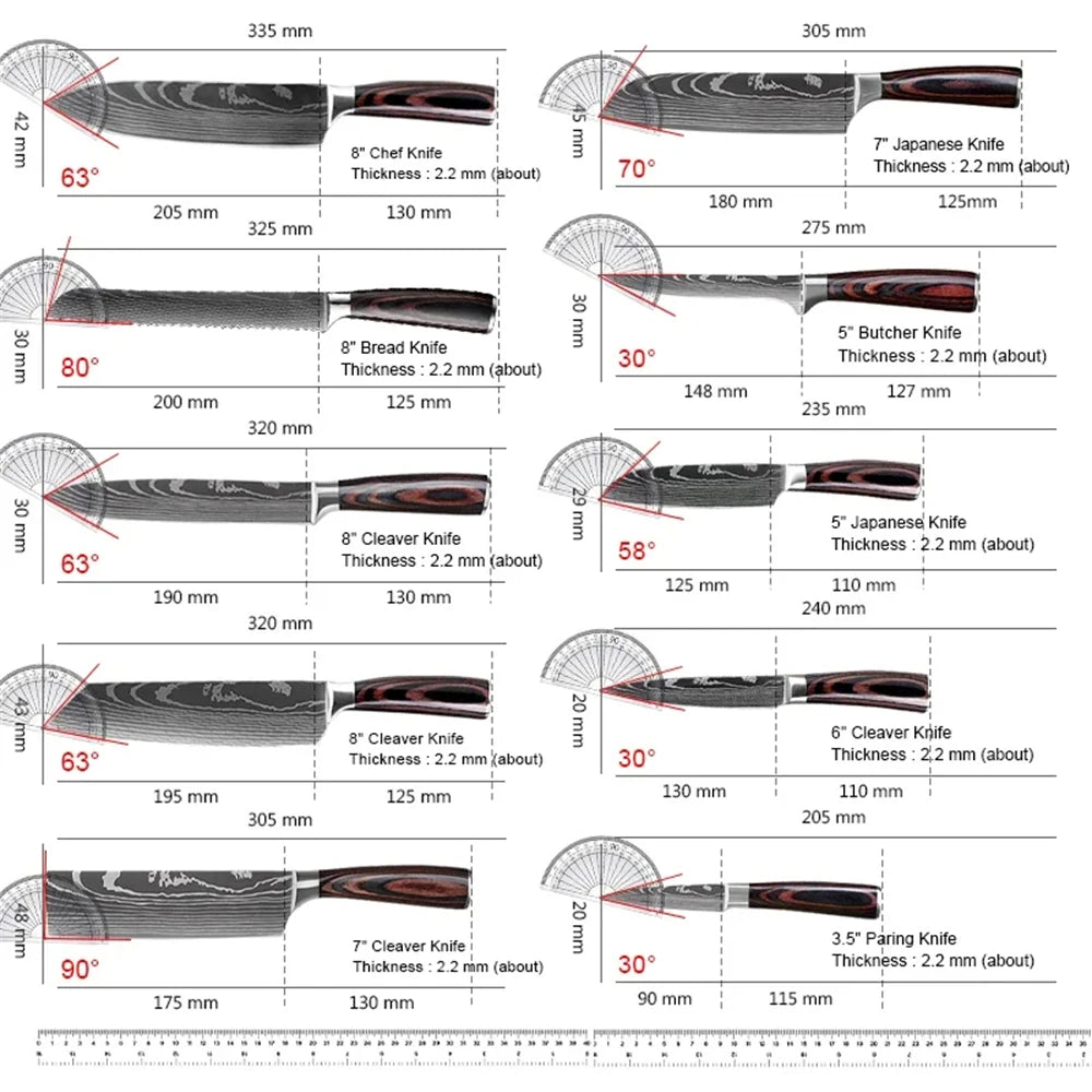8PCS Damascus Stainless Steel Kitchen Knife Set Super Sharp Japanese Style Chef Santoku Cleaver Slicing Boning Utility Paring Knives Complete Cooking Cutlery Kit with Portable Protective Nylon Carry Bag for Home Kitchen Chef