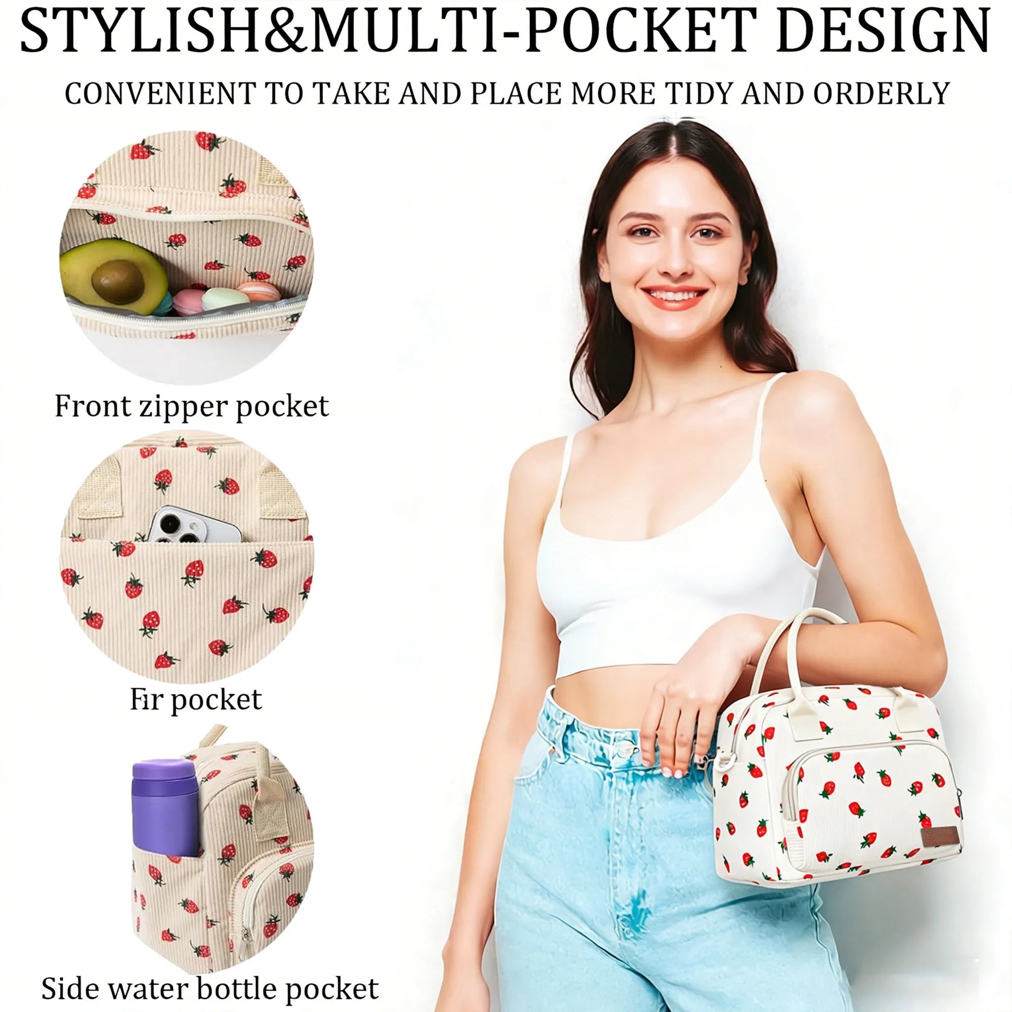 Cute Strawberry Print Insulated Lunch Bag, Corduroy Thermal Cooler Tote with Adjustable Shoulder Strap, Leakproof Portable Lunch Box Carrier for Work School Picnic