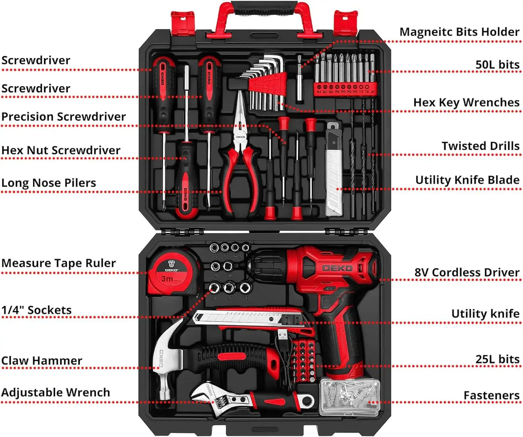 Drill Set Tool Set with 8V Red Cordless Drill, Home Tool Kit with Drill, Hand Tool Kits for Women 126 Piece