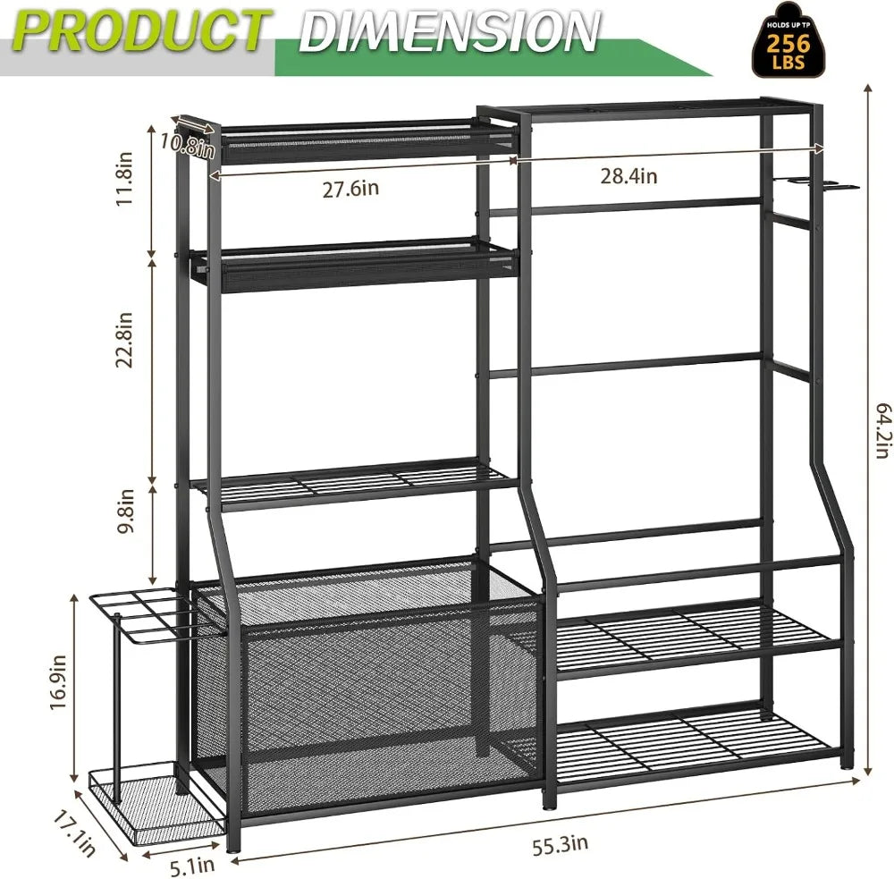 Large Sports Organizer for Garage, Ball Storage Rack with Side Racks, Baskets, Hooks, Multi-Purpose Golf Gear Storage for Gym Indoor Outdoor