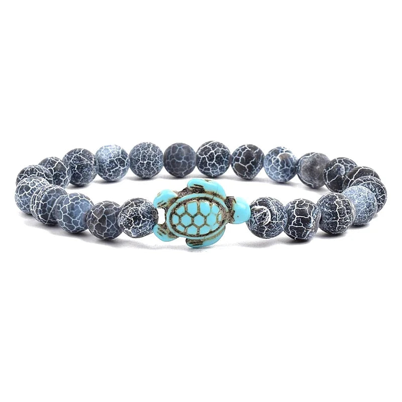 Women Men Unisex 8mm Turquoise Natural Stone Stretch Bracelet Sea Turtle Charm Beaded Friendship Summer Beach Wrist Jewelry