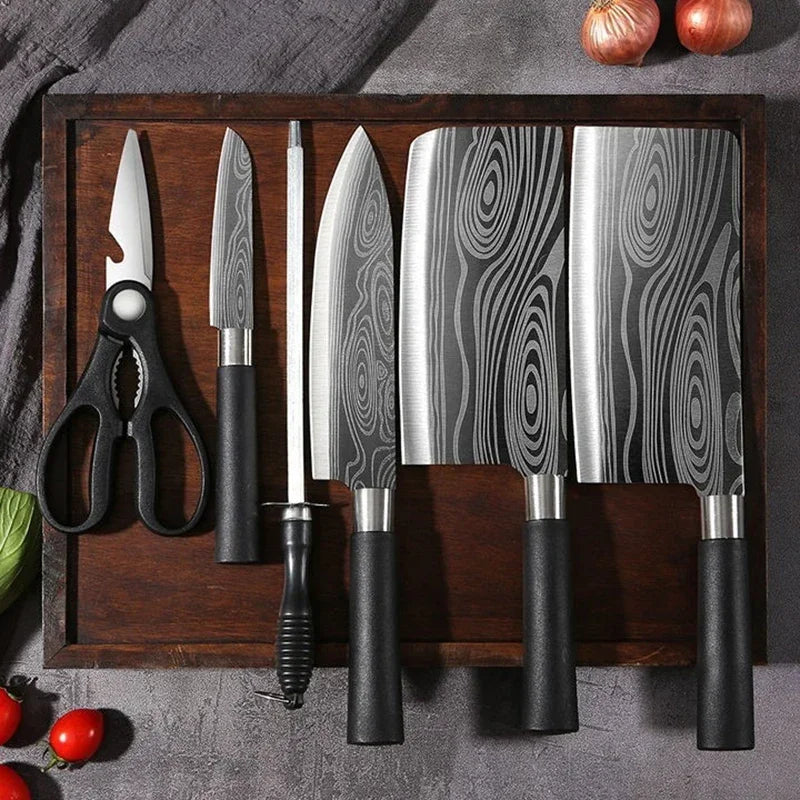 Laser Damascus Pattern Utility Kitchen Knives Scissors Sharpening Rod Set