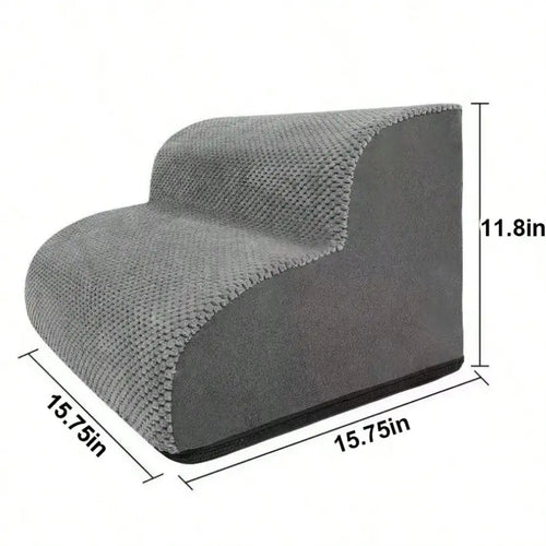 1pc 2-Tier Pet Stair, Grey Knit Fabric Dog Ramp With High-Support Foam & Non-Slip Base, Space-Saving Pet Steps For Small Dogs &