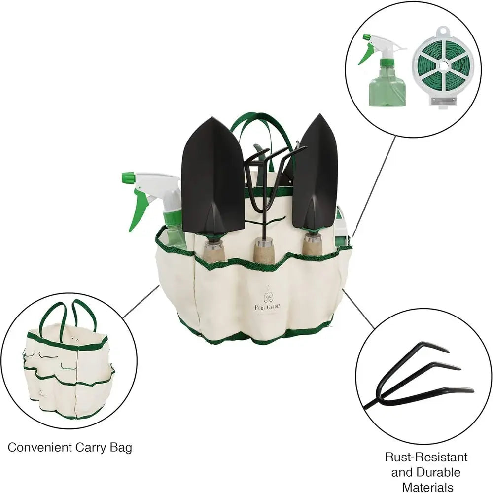 8-Piece Garden Hand Tool Set - Canvas Tote Gardening Tool Kit with, Pruner, Rake, Trowel, Shovel, Spray Bottle