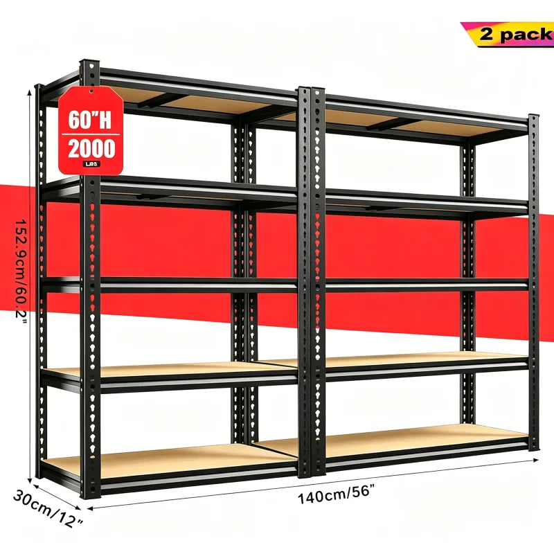 60/72 Inch two-piece Heavy Duty Storage Shelves, 2000LBS Capacity Metal Shelving Unit, Adjustable Garage Shelves & Organizer with Overlap Design for Home Garage Warehouse Storage Shop,Black