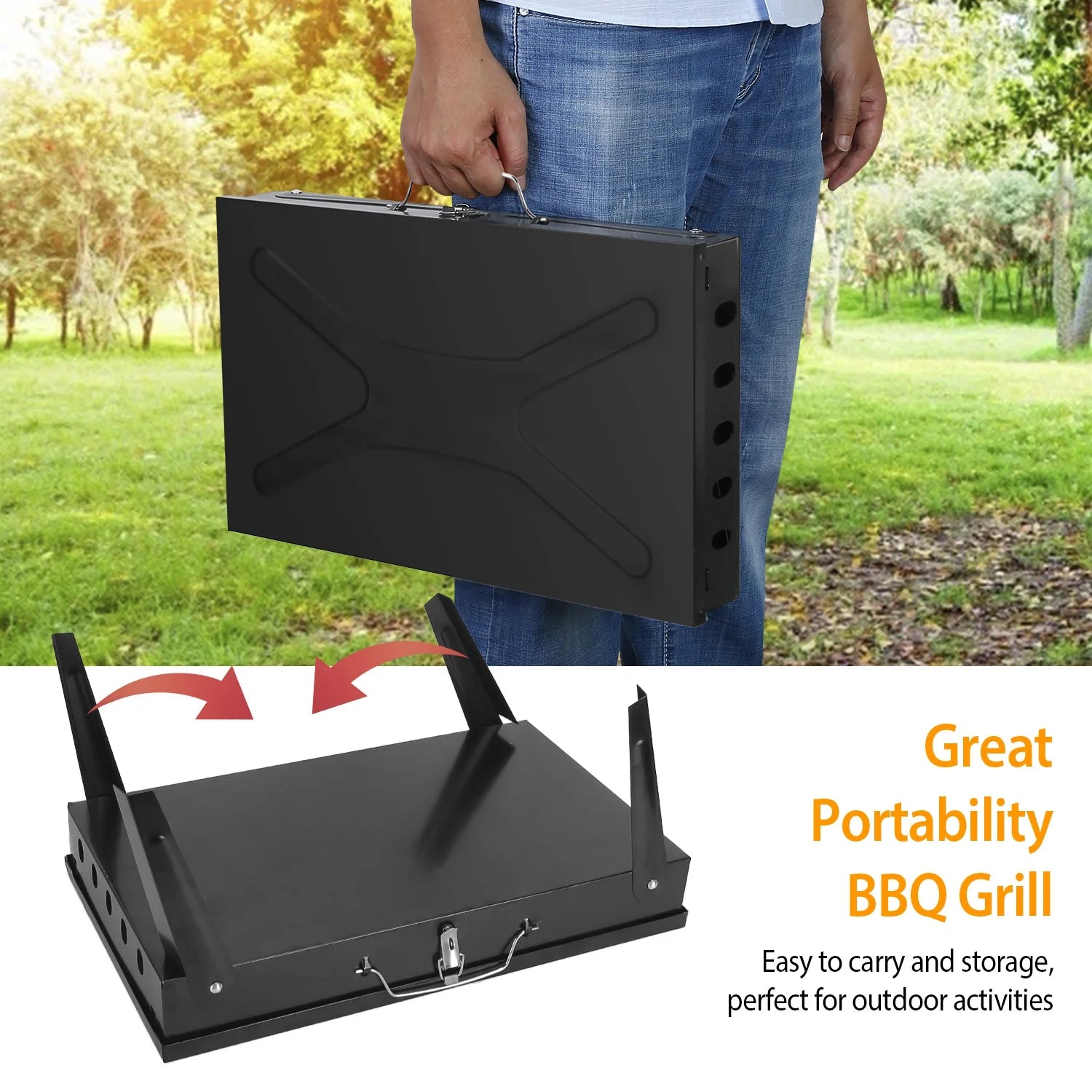 Portable Charcoal BBQ Grill, Folding Desktop Barbecue, Camping, Picnic, 3-Level Adjustable - Fast Shipping