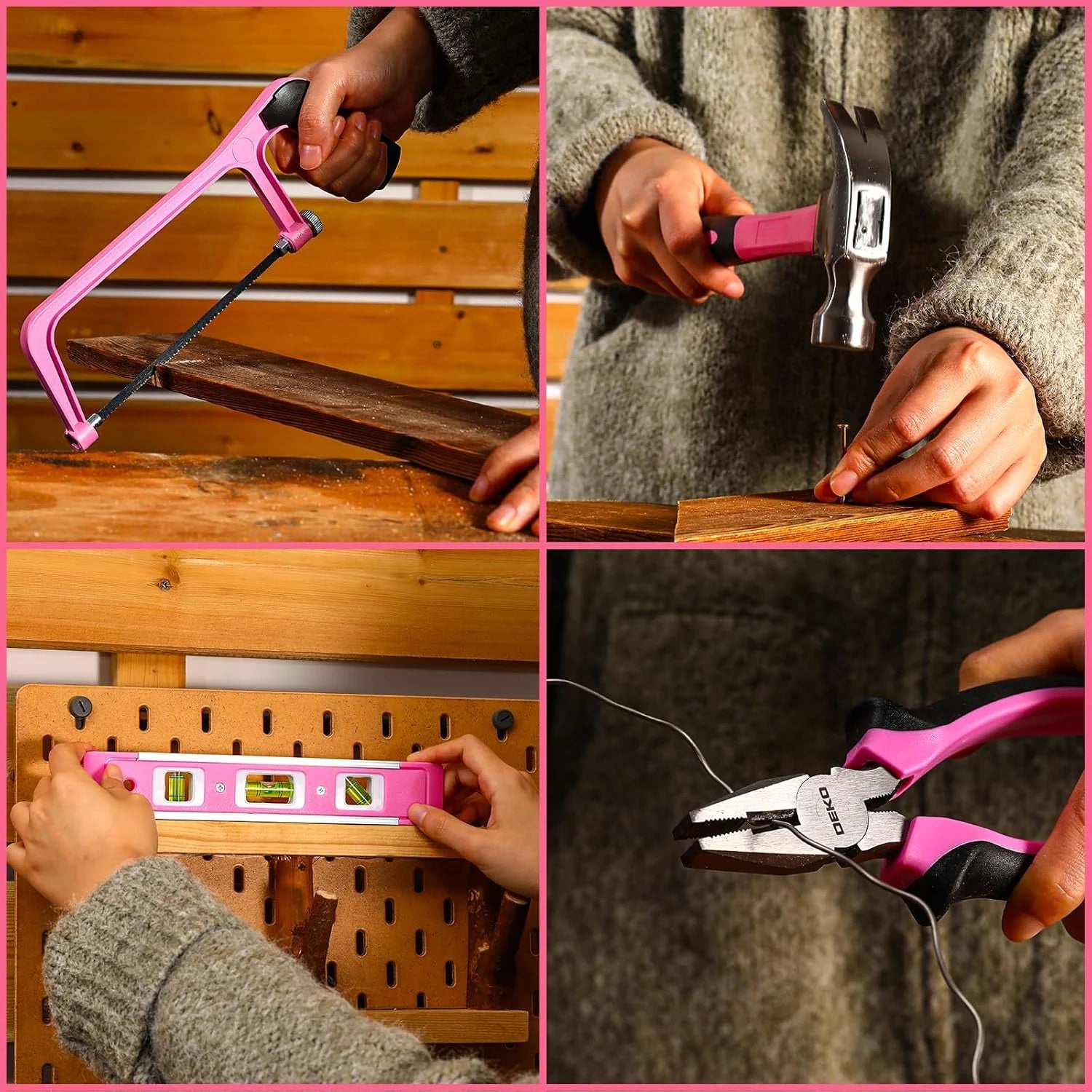 Home Toolbox with 12V Power Cordless Drill, Repair Tools, Case, Pink