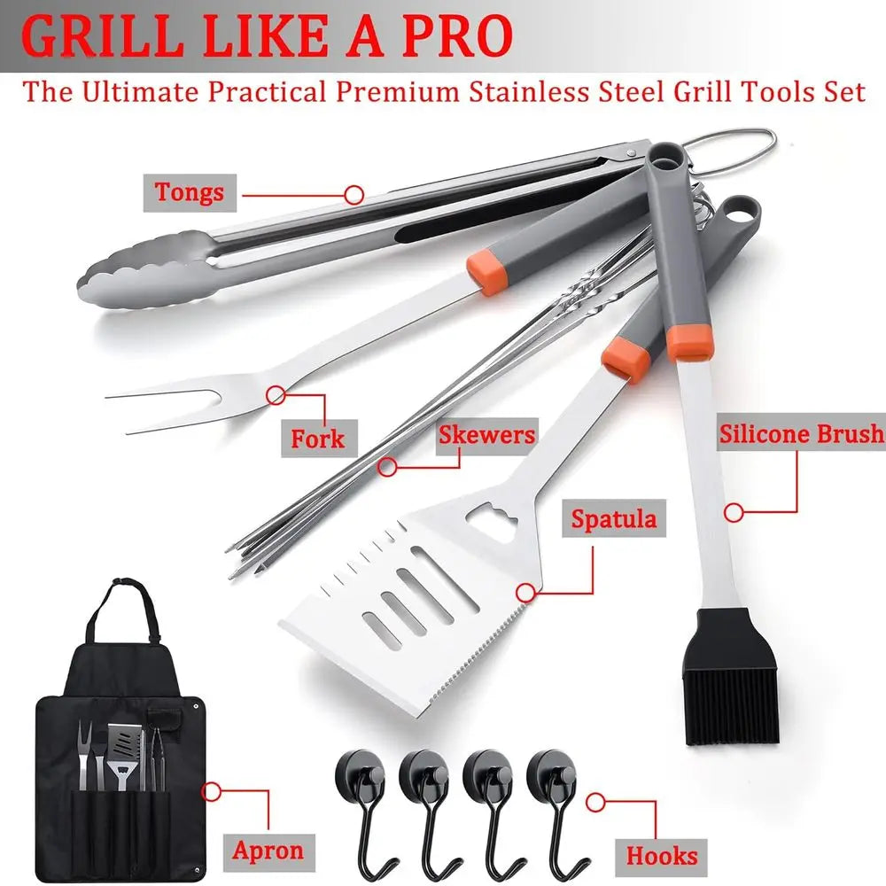 Premium 15-Piece BBQ Grilling Set with Tongs, Skewers, Stainless Steel Utensils, Hooks, and Storage Bag for Outdoor Cooking and