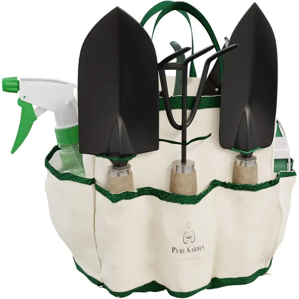 8-Piece Garden Hand Tool Set - Canvas Tote Gardening Tool Kit with, Pruner, Rake, Trowel, Shovel, Spray Bottle