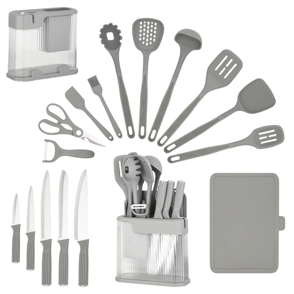 17Pcs Silicone Kitchen Utensils Set with Knife Block Stainless Steel Kitchen Knives Set Non-Stick Cooking Tools Scissors Peeler